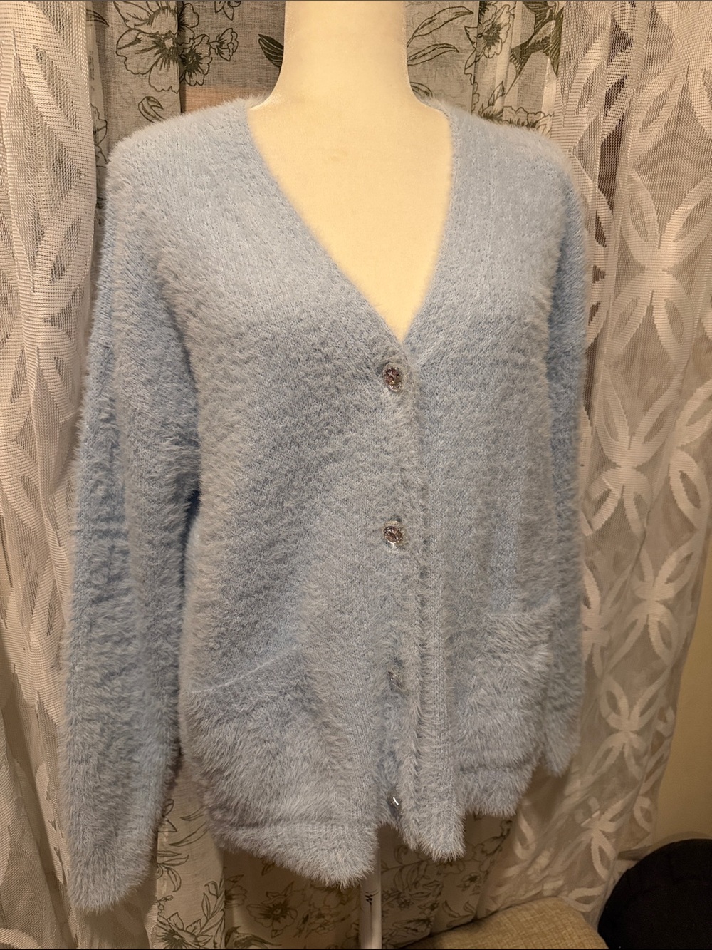 JohnPaulRichard Light Blue Fuzzy Button-Front Cardigan size S